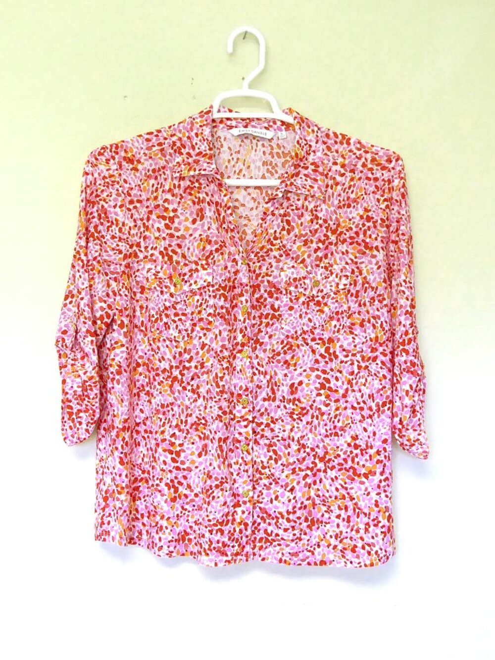 Emily Daniels red orange pink abstract confetti sequin print button up shirt XL